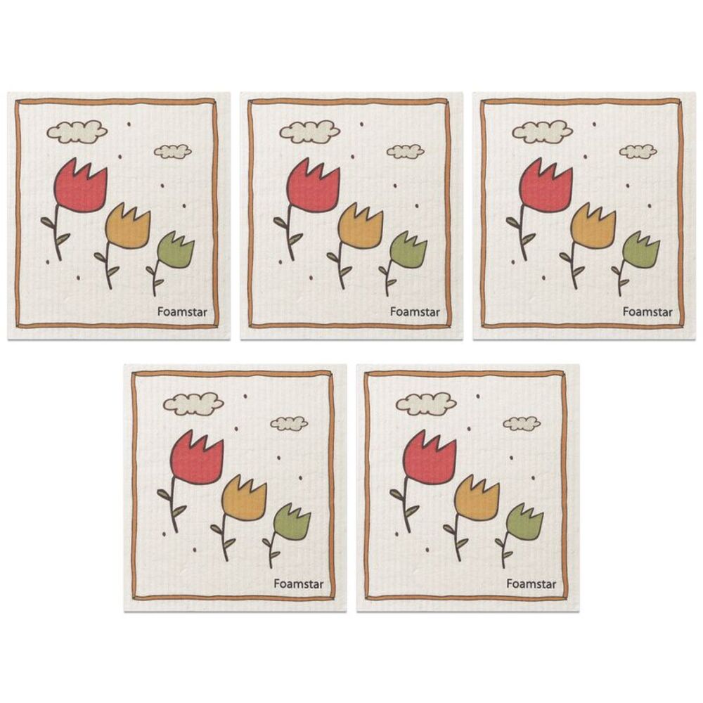 5 Pack Swedish No Odor Absorbent Washable Sponge Cloths 7" x 8" Flower-3